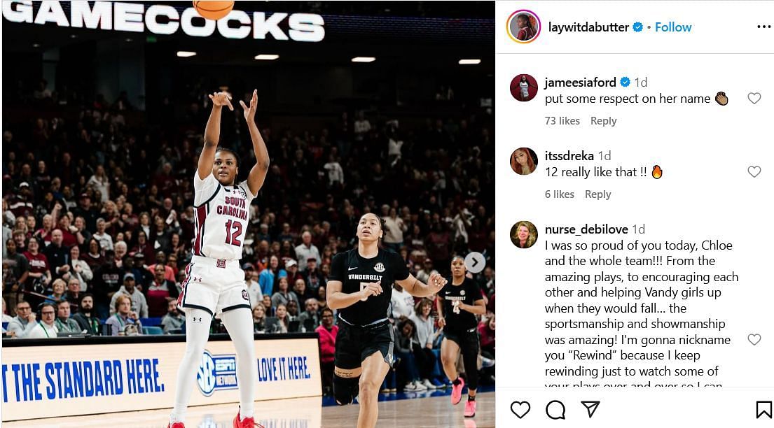 JaMeesia Ford&#039;s comment on MiLaysia Fulwiley&#039;s IG post. Image via@laywitdabutter