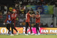 T Natarajan (right) celebrating a wicket for SRH in Qualifier 2 of IPL 2024.