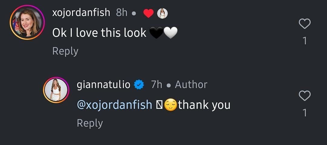 Jordan Fish compliments Gianna Tulio and her husband Ryan Blaney on their Phoenix Raceway picture (Source: @gainnatulio&#039; comment section via Instagram)