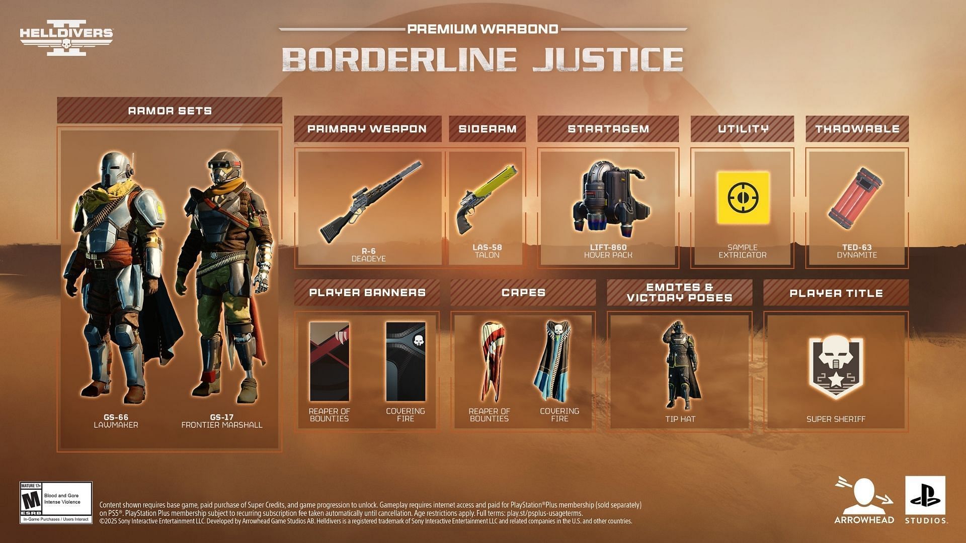 The Helldivers 2 Borderline Justice Warbond features an array of Wild West-themed cosmetics and items (Image via PlayStation Publishing LLC)