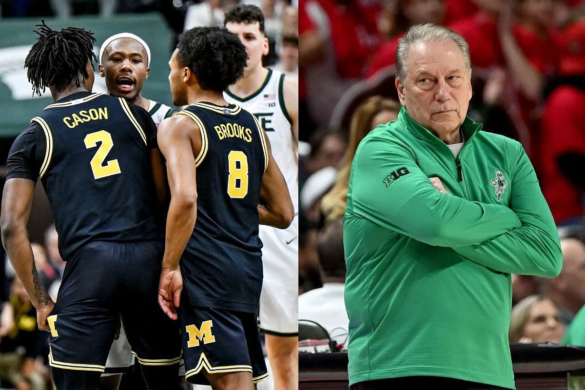 Tom Izzo looks past guard Tre Holloman pushing Michigan players during late-game scuffle (Image Credits - IMAGN)