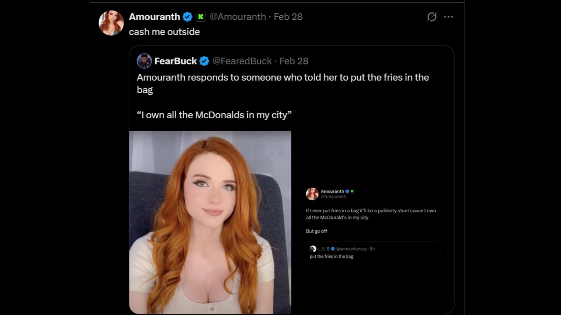 Her follow-up reply to the post about her claim (Image via X/@Amouranth)