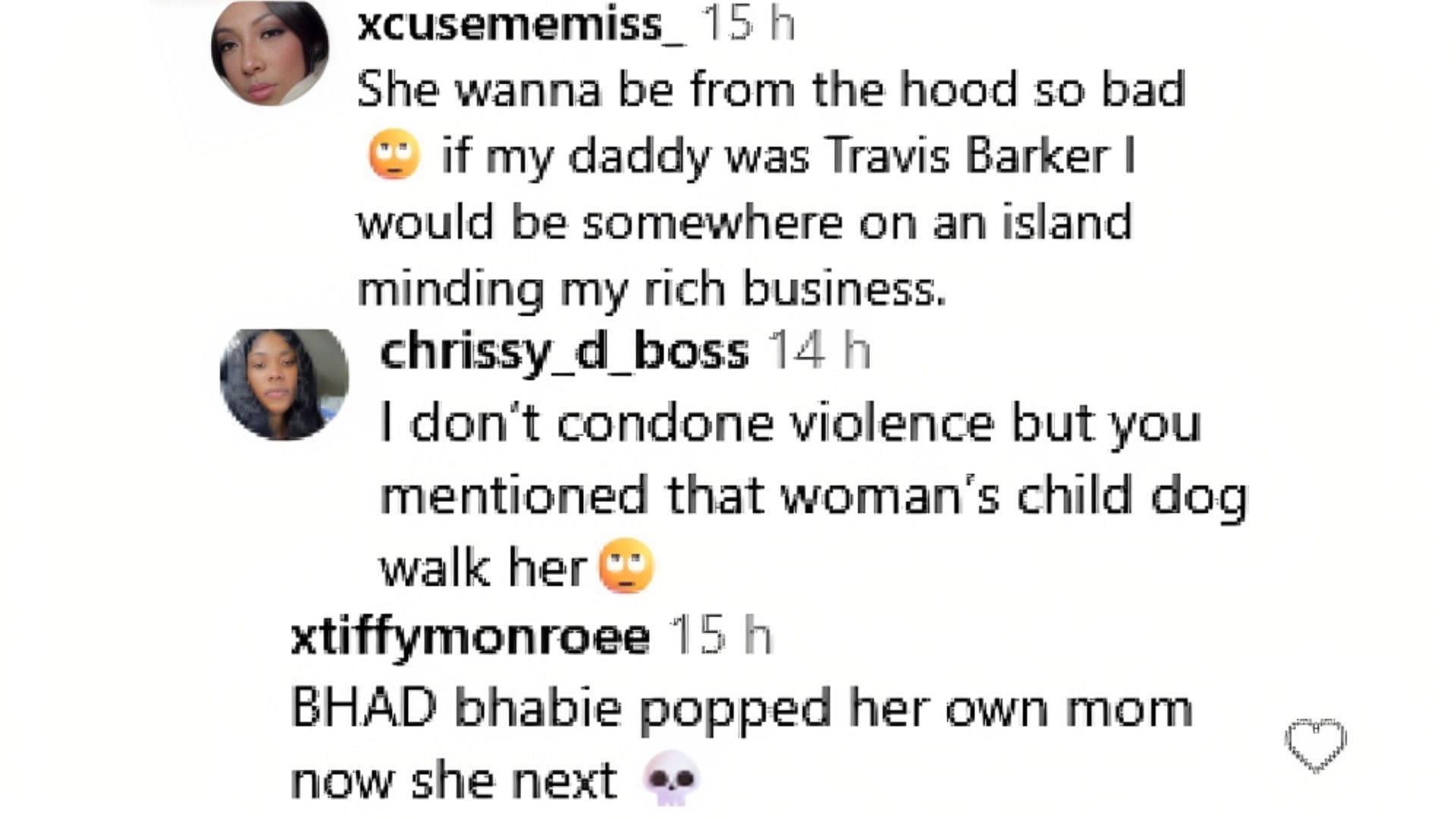 Netizens reacted as Alabama Barker teased Bhabie diss track (Image via Instagram / @xcusememiss_ / @chrissy_d_boss / @xtiffymonroee)