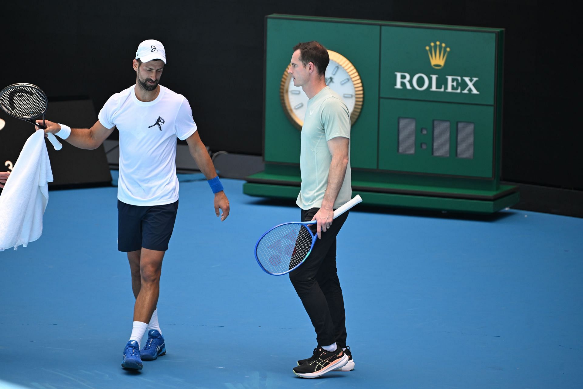 Novak Djokovic (left) and Andy Murray (right) during a practice session at the 2025 Australian Open (Source: Getty)