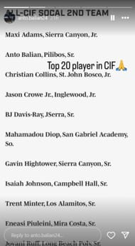 Armenian hooper Anto Balian shares his gratitude upon being named among the best high school hoopers in California (Image: IG/ Anto Balian)