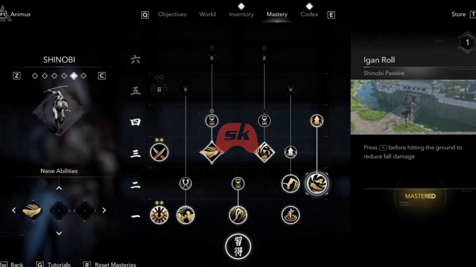 Unlock the Igan Roll skill from Naoe&#039;s skill tree (Image via Sportskeeda Gaming || Ubisoft)