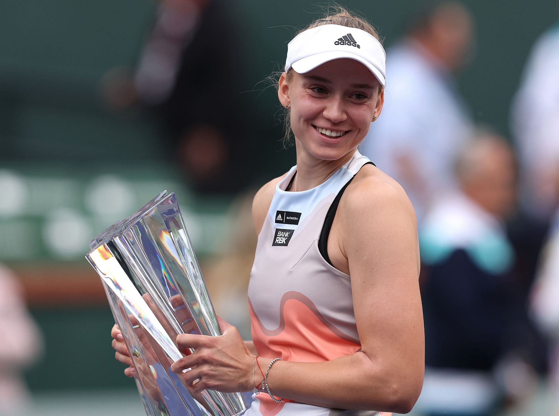 Elena Rybakina with the with the 2023 Indian Wells trophy. (Source: Getty)