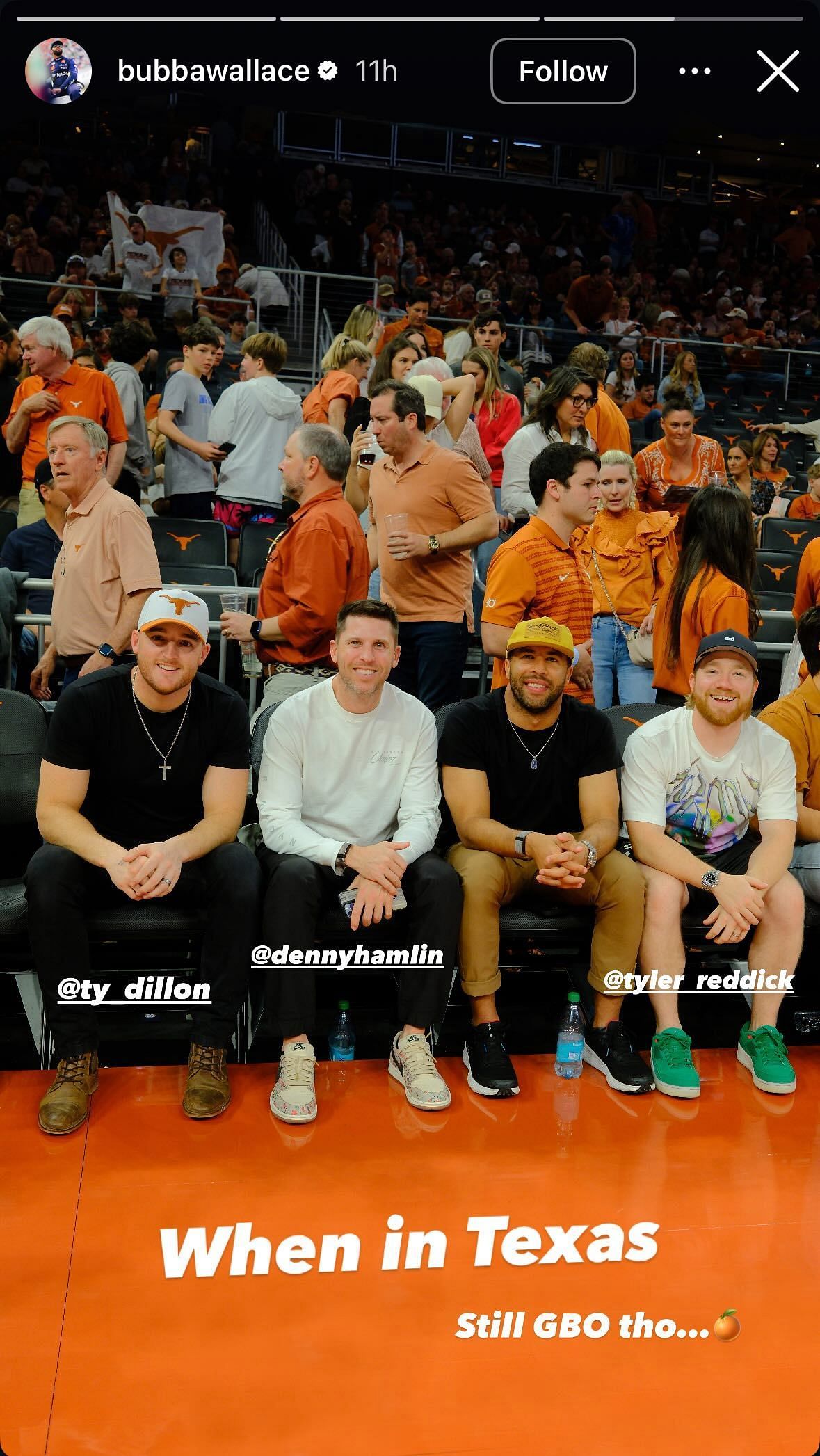 Bubba Wallace&#039;s Instagram story featuring teammate Tyler Reddick, owner/driver Denny Hamlin, and Ty Dillon at the Longhorns game - Image via Instagram/@bubbawallace