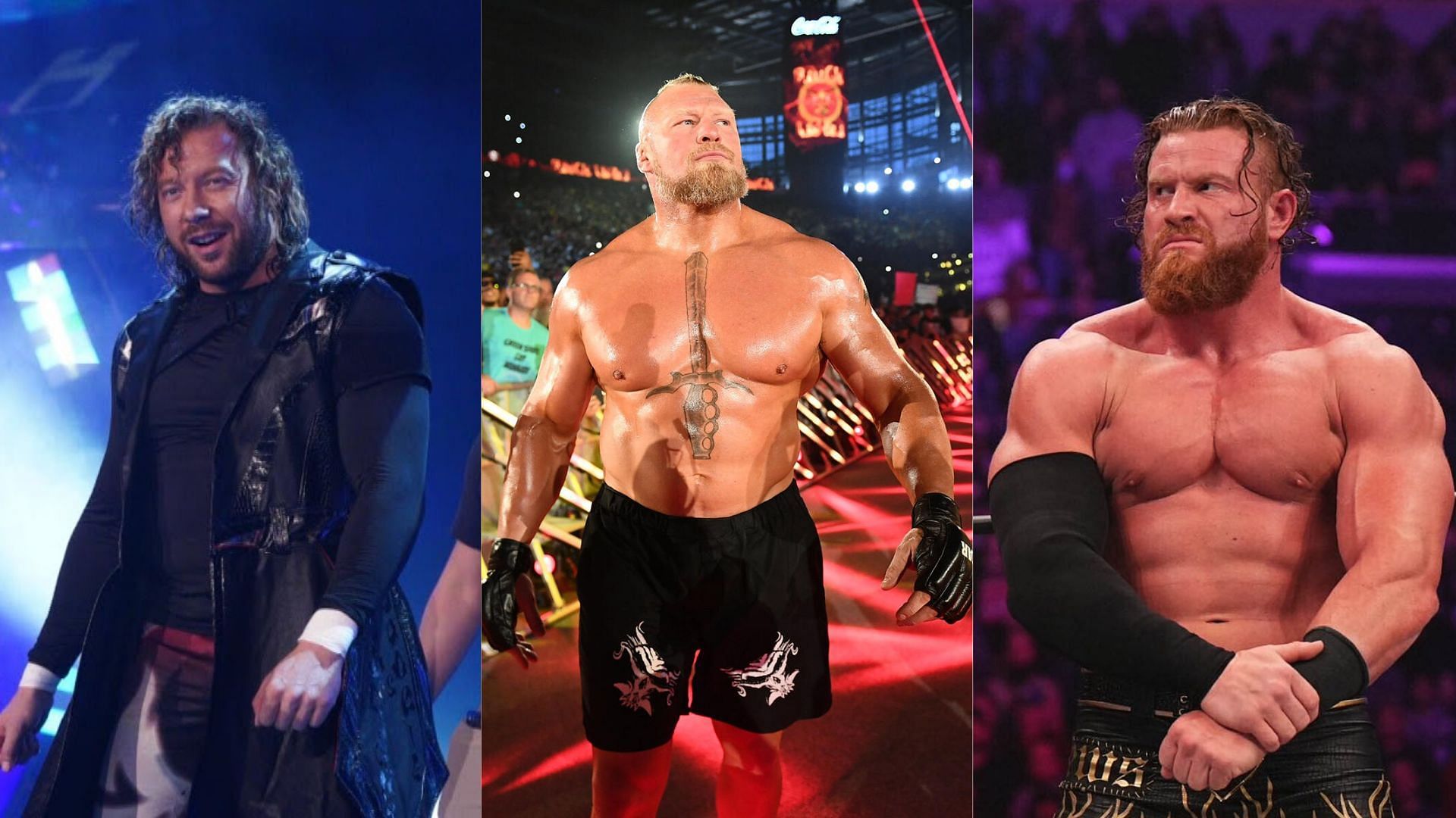 Kenny Omega (left), Brock Lesnar (center) and Buddy Matthews (right). (Image credits: wwe.com, AEW YouTube channel &amp; Buddy Matthews