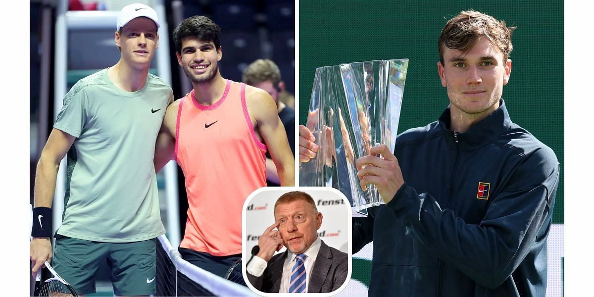 Carlos Alcaraz and Jannik Sinner (L), Boris Becker (inset) and Jack Draper (R) (Image Source: Getty)