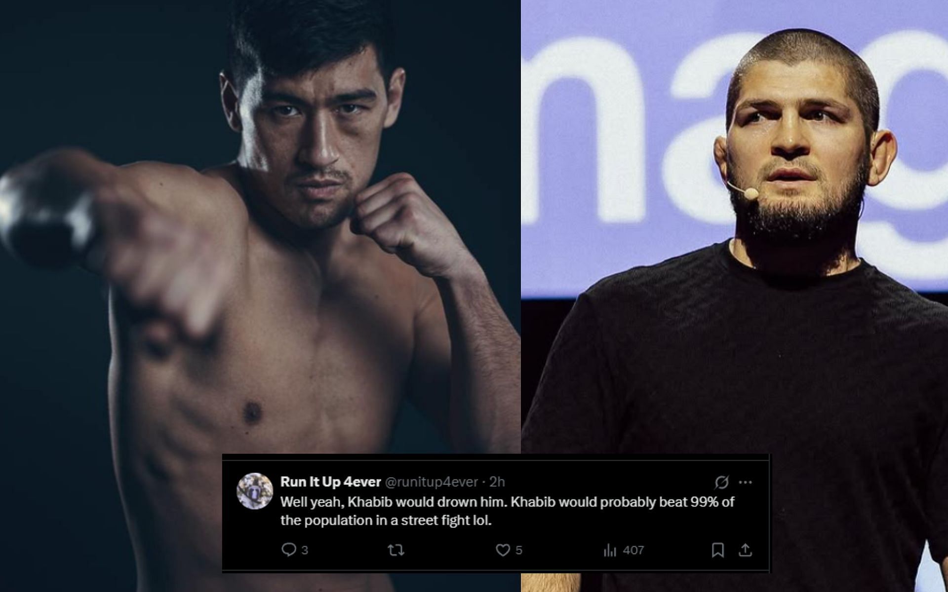 Fans react as Dmitry Bivol (left)  admits that he would not be able to succeed in a street fight with Khabib Nurmagomedov (right) [Image courtesy @bivol_d and @khabib_nurmagomedov on Instagram]