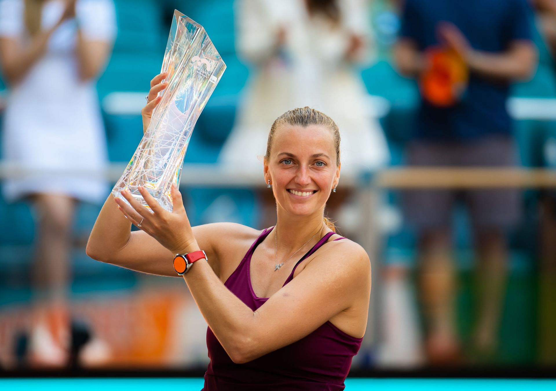 Petra Kvitova of the Czech Republic poses with the trophy after defeating Elena Rybakina of Kazakhstan in the women&#039;s singles final on Day 14 of the Miami Open- Source: Getty