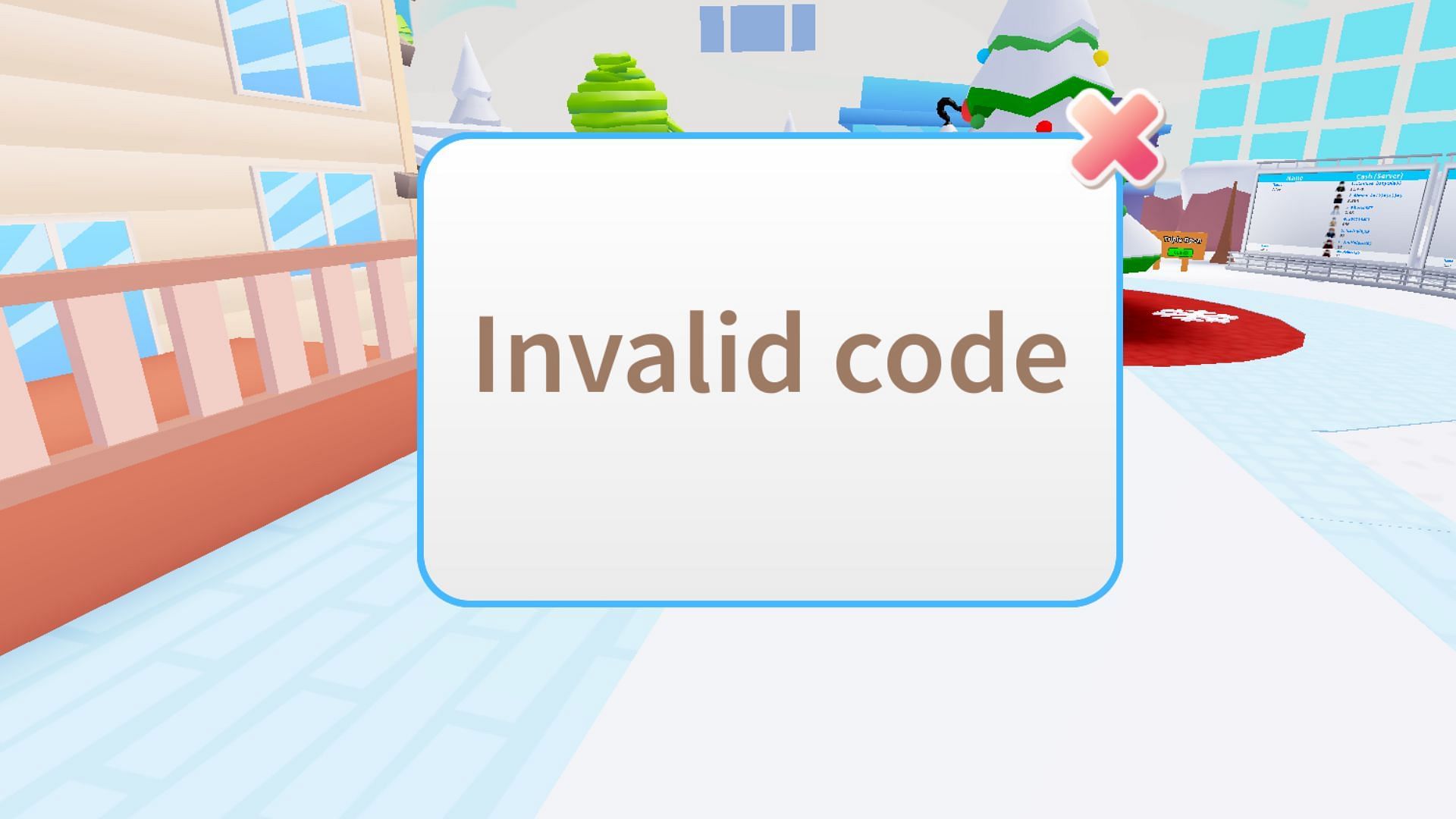 &quot;Invalid code&quot; error in Trick Shot Simulator (Image via Roblox)