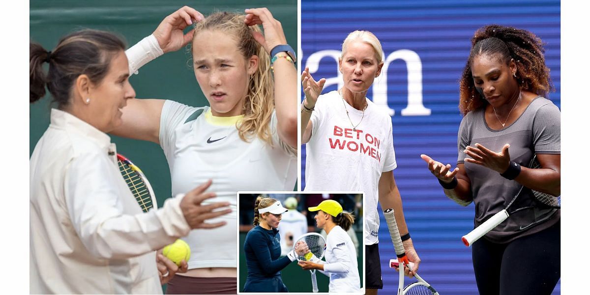 Mirra Andreeva pictured with coach Conchita Martinez (L), Serena Williams and Rennae Stubbs (R), Andreeva with Swiatek (inset) - Image Source: Getty