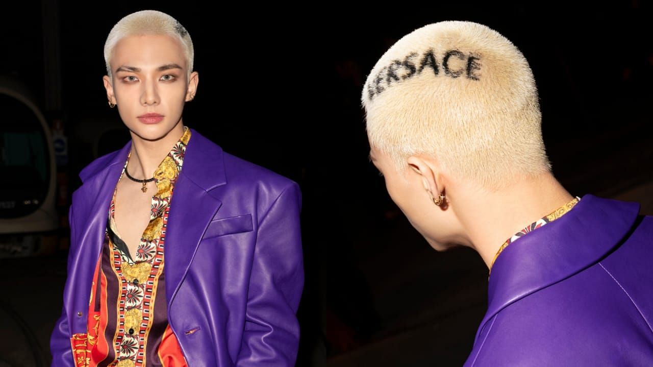 Fans react as Stray Kids Hyunjin debuts Versace logo on his buzzcut hairstyle during Milan Fashion Week (Image via @verscae/X)