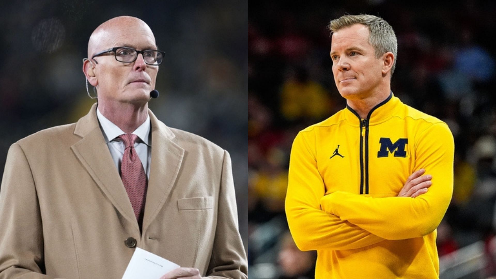 Media personality Scott Van Pelt and Michigan coach Dusty May. Source: Imagn