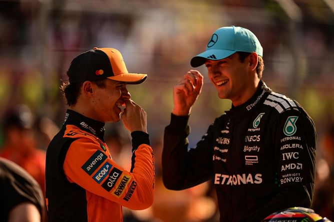 "Did you just go to the toilet?": Hilarious interaction between Lando Norris and George Russell during the media scrum