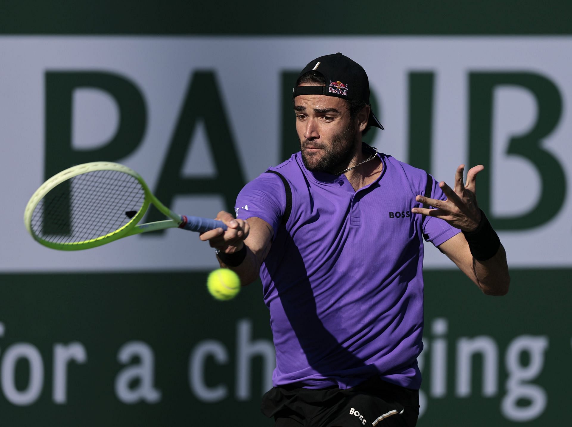 Matteo Berrettini of Italy plays a forehand in his match against Christopher O&#039;Connell of Australia at Indian Wells Tennis Garden - Source: Getty