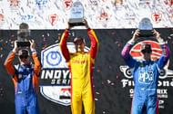 Alex Palou (1st), Scott Dixon (2nd) and Josef Newgarden (3rd) on the podium after the St. Petersburg Grand Prix - Source: Getty