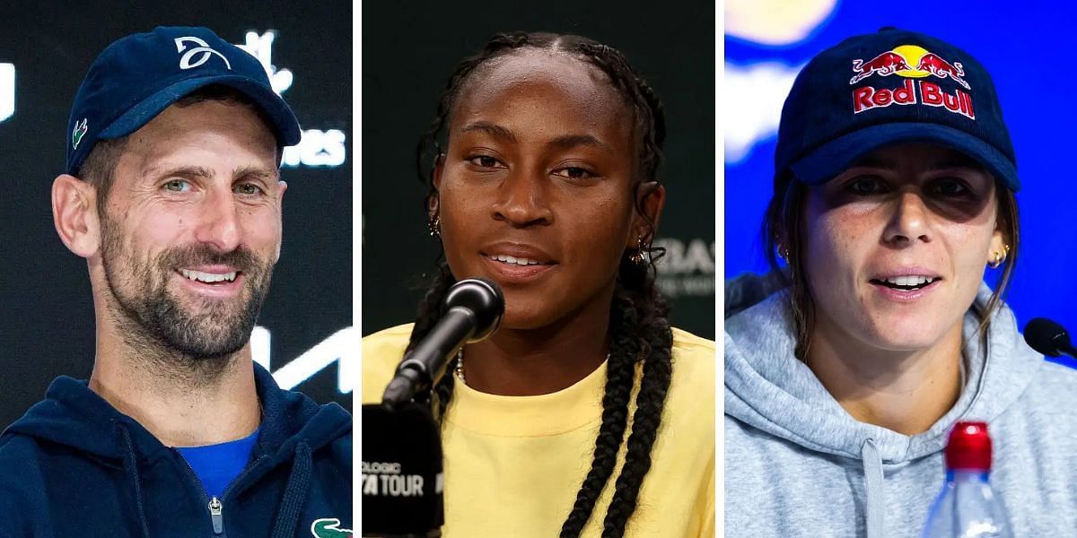 Novak Djokovic [L], Coco Gauff and Emma Navarro [R] join forces in hilarious pro tennis spoof | Image Source: Getty