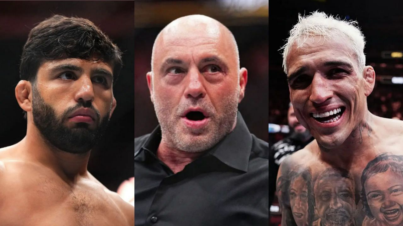 Arman Tsarukyan (Left), Joe Rogan (Middle), and Charles Oliveira (Right)