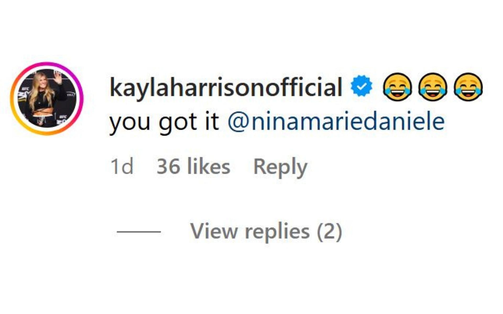 Kayla Harrison&#039;s comment. [Screenshot courtesy: @ninamariedaniele on Instagram]