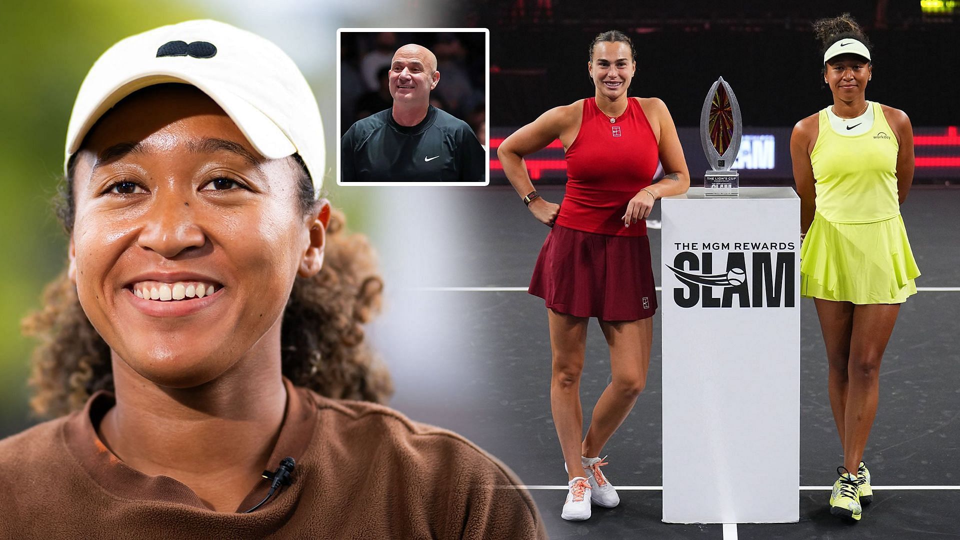 Naomi Osaka alongside Aryna Sabalenka and Andre Agassi (Inset): Source: Getty