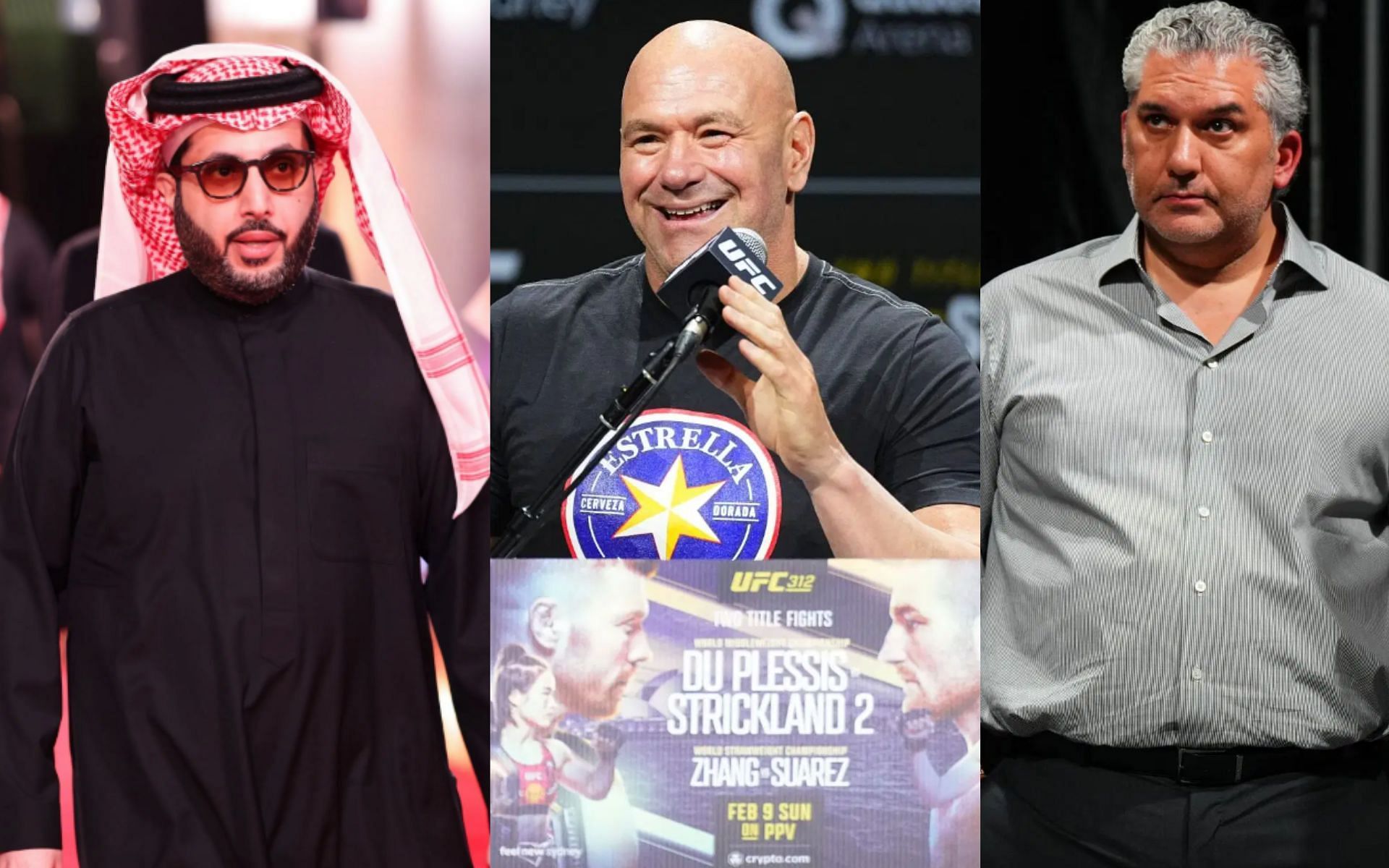 Turki Alalshikh (left), Dana White (middle), and Nick Khan (right) announce a new boxing promotion. [Image courtesy: Getty]