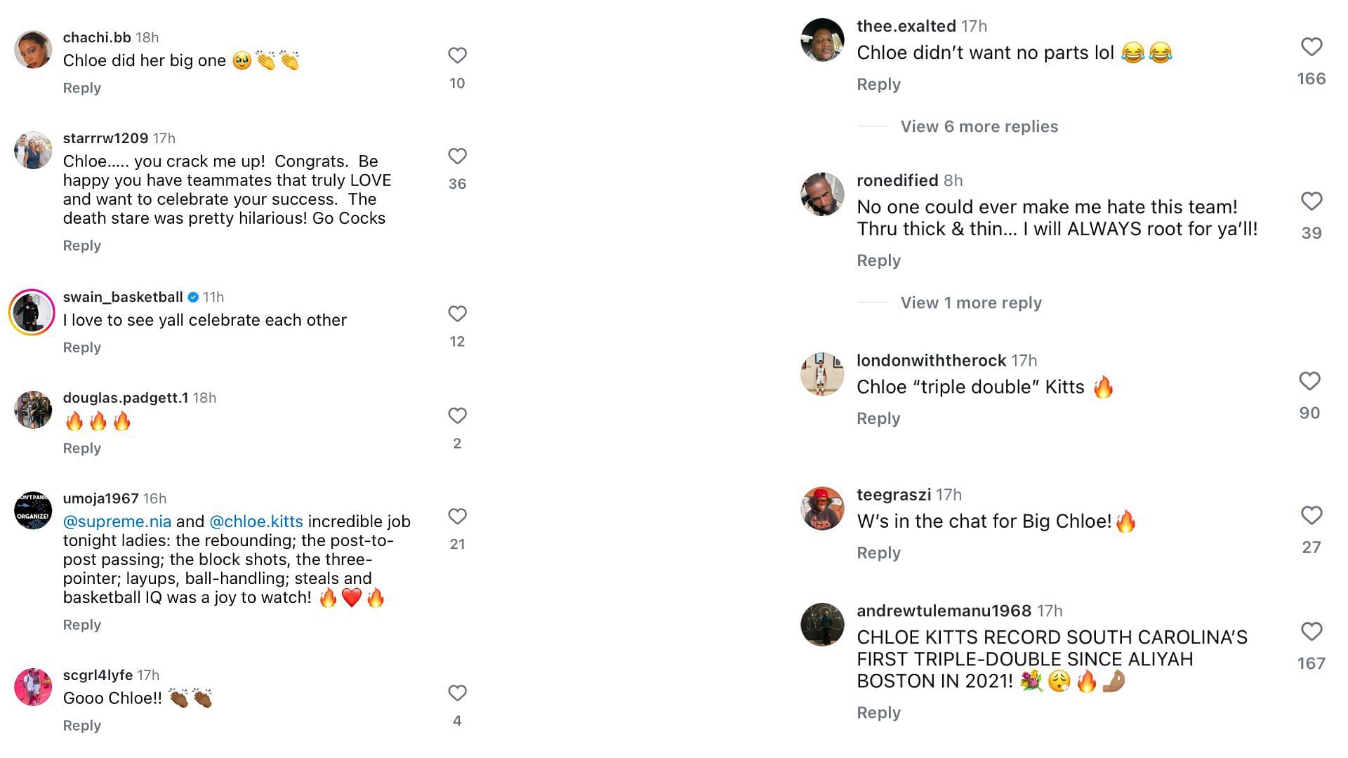 College hoops fans react to Kitts&rsquo; teammates celebrating her latest achievement - Image source: Instagram/gamecockwbb