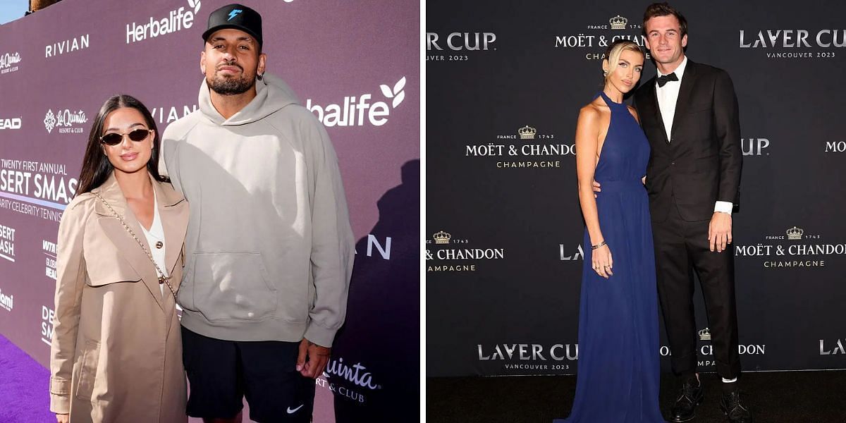 Nick Kyrgios with his girlfriend Costeen Hatzi (L) and Tommy Paul alongside his partner Paige Lorenze (R). Source: Getty