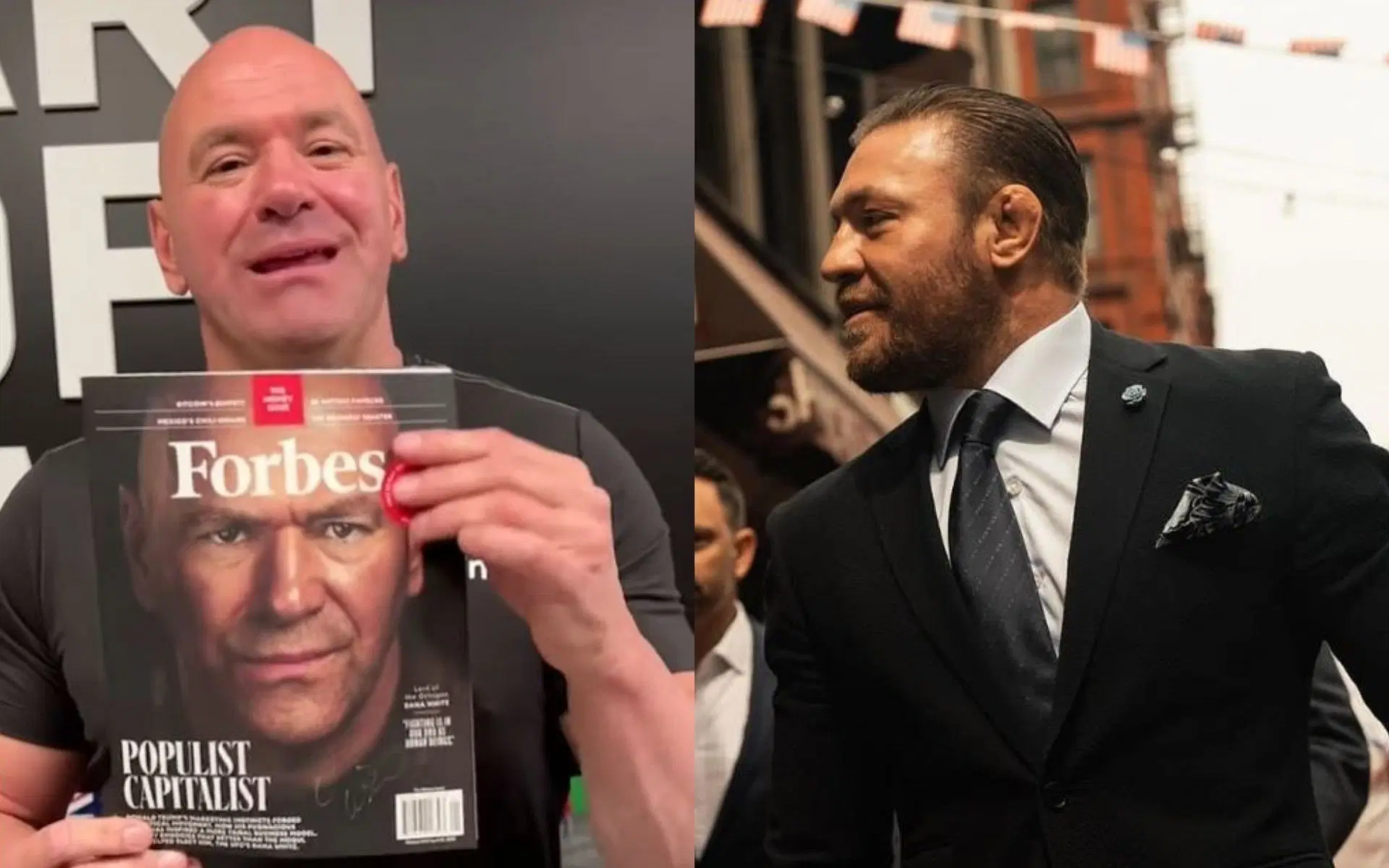 Conor McGregor (right) congratulates Dana White (left) for making the cover of Forbes Magazine. [Image credit: @danahite, @thenotoriousmma on Instagram]