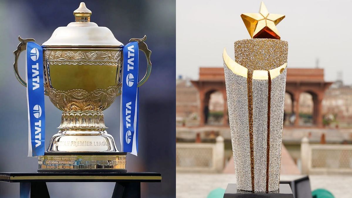 आईपीएल और पीएसएल ट्रॉफी (Photo Credit_Getty, X/@thePSLt20)