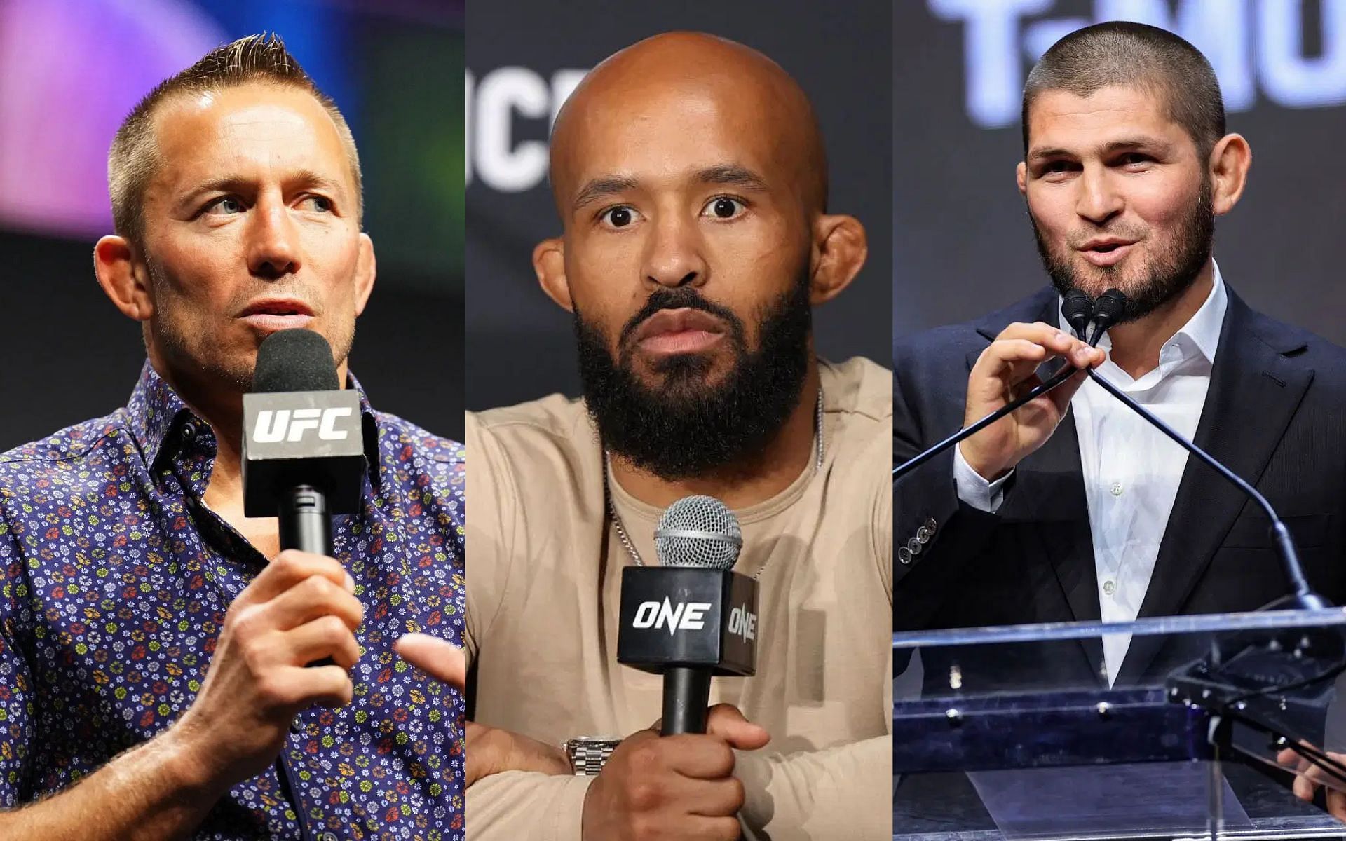 Demetrious Johnson (middle) shares the advice that was given by Georges St-Pierre (left) and Khabib Nurmagomedov (right) before his retirement [Image Sources: Getty Images]