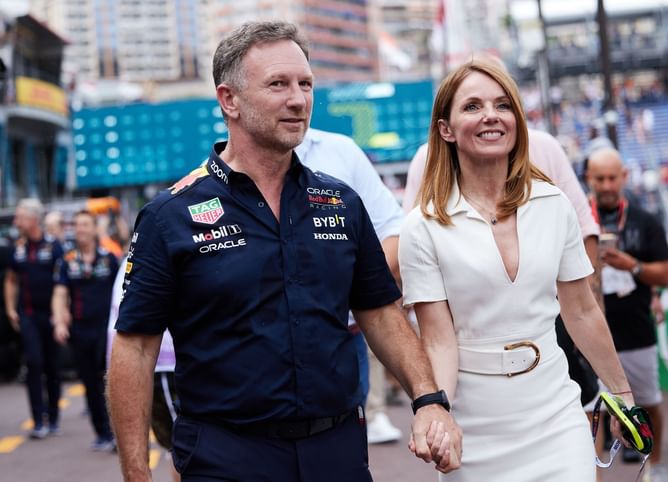 Red Bull boss Christian Horner’s Spice Girl wife Geri Halliwell-Horner turns heads in a bridal white suit