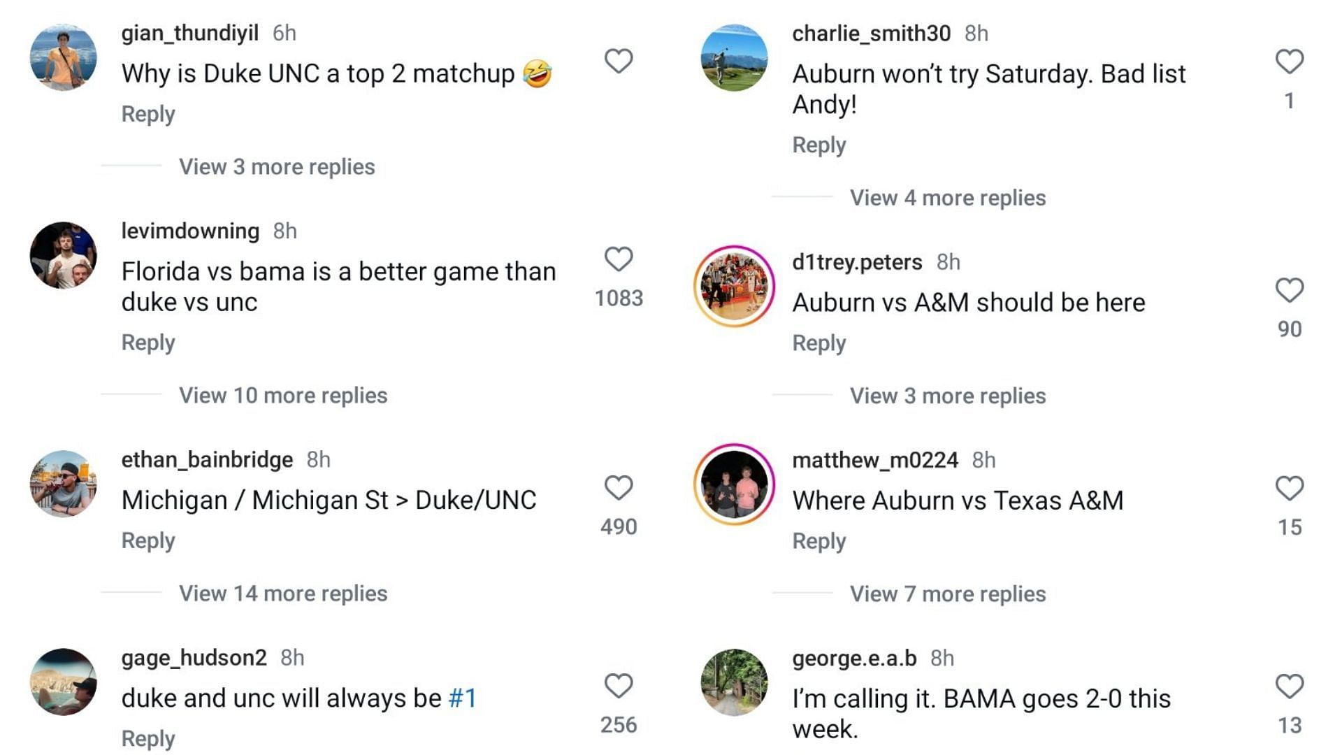 College hoops fans reacted to Andy Katz&#039;s Top 10 Games of the Week list posted on the Instagram page of NCAA March Madness, which included the Duke vs UNC clash. Source: Instagram/@marchmadnessmbb