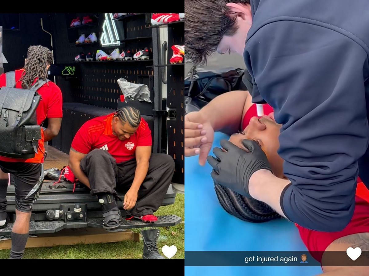 The AMP member claims to have been injured during a MrBeast challenge before the Sidemen Charity Match (Image via Snapchat/Fanum)