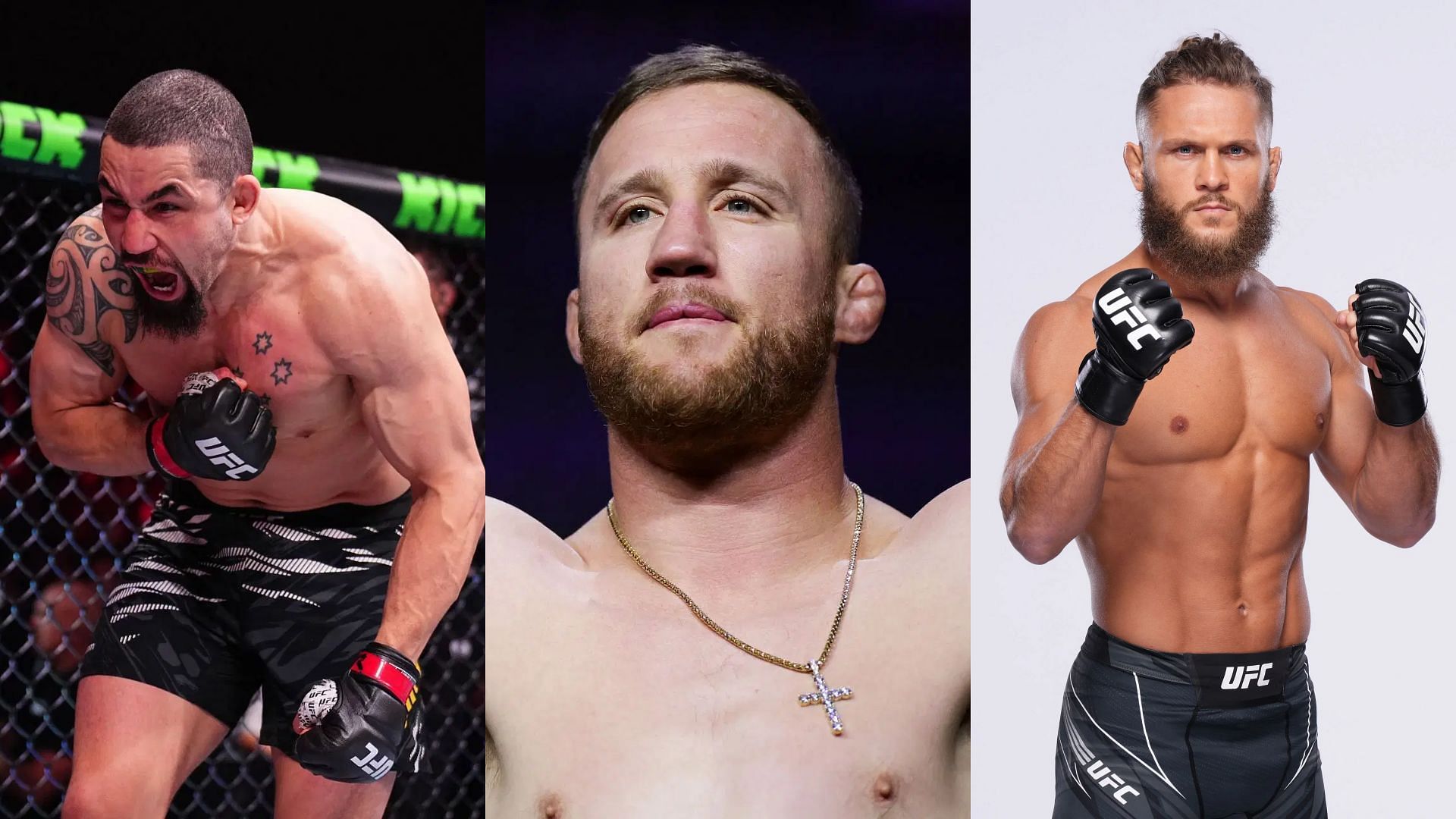 Robert Whittaker (left) is excited for the rematch between Justin Gaethje (middle) and Rafael Fiziev (right). [Image courtesy: Getty Images]