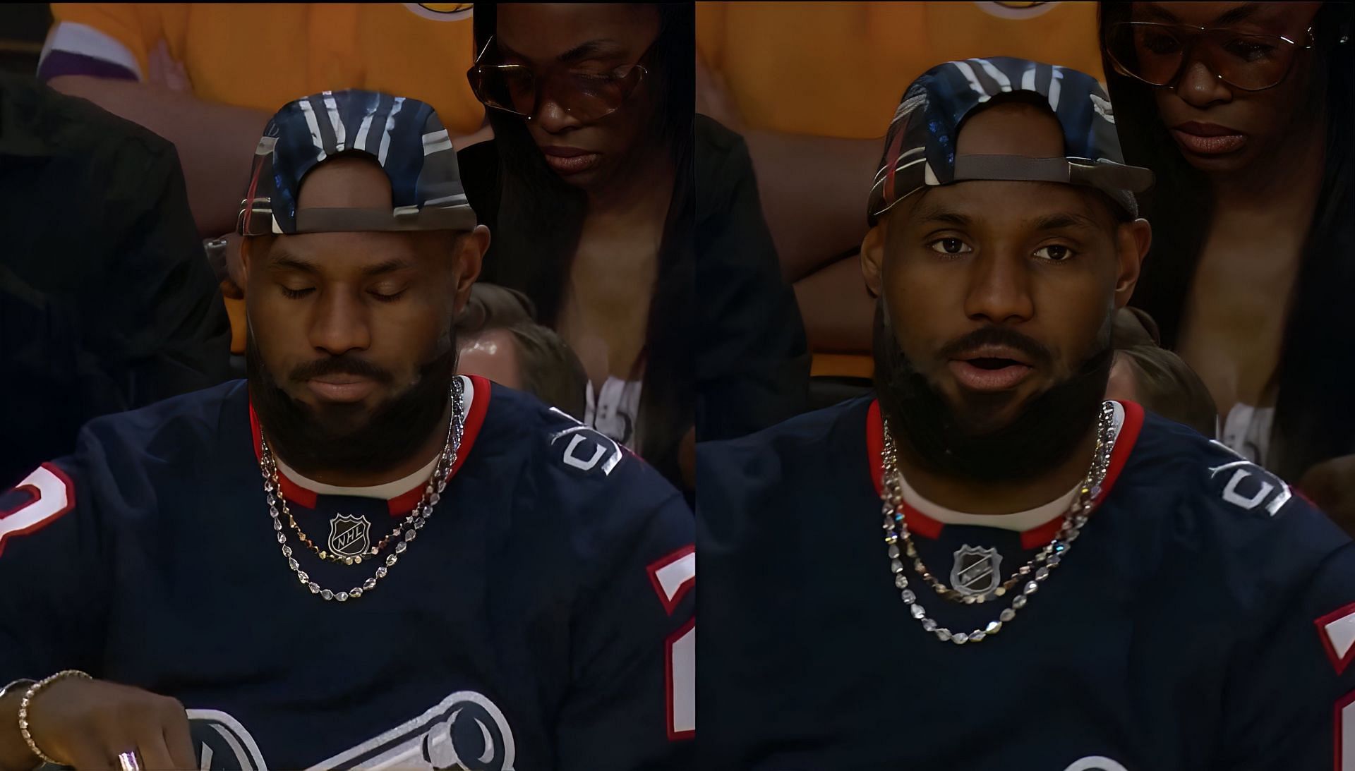  Internet reacts as LeBron James rocks custom #23 Blue Jackets Stadium Series jersey at Lakers game. (Image Credit: ESPN/X)