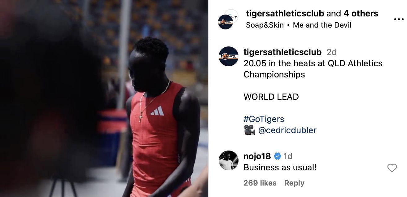 Noah Lyles reacts to Gout Gout&#039;s performance | Instagram@tigersathleticsclub