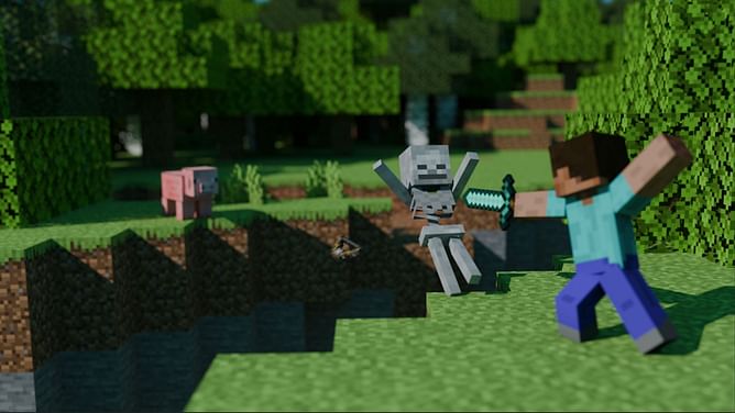 Minecraft fan recreates iconic wallpaper of Steve fighting a skeleton