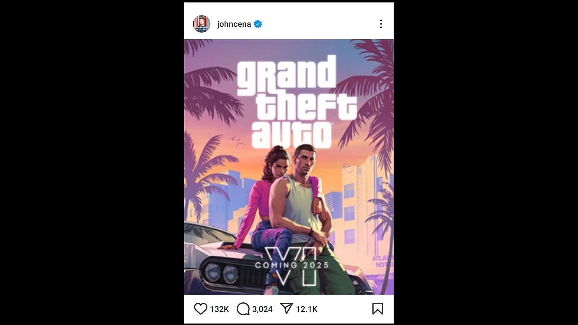 John Cena&#039;s Instagram post featuring official GTA 6 artwork (Image via Instagram/@johncena)