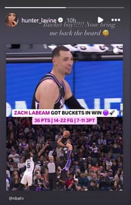 Hunter LaVine's Instagram story after Zach Lavine's 36-point game against the Spurs - Source: Instagram