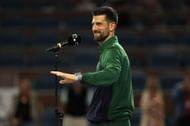 Novak Djokovic delivers his speech during the 2025 Miami Open men's singles trophy presentation ceremony (Source: Getty)
