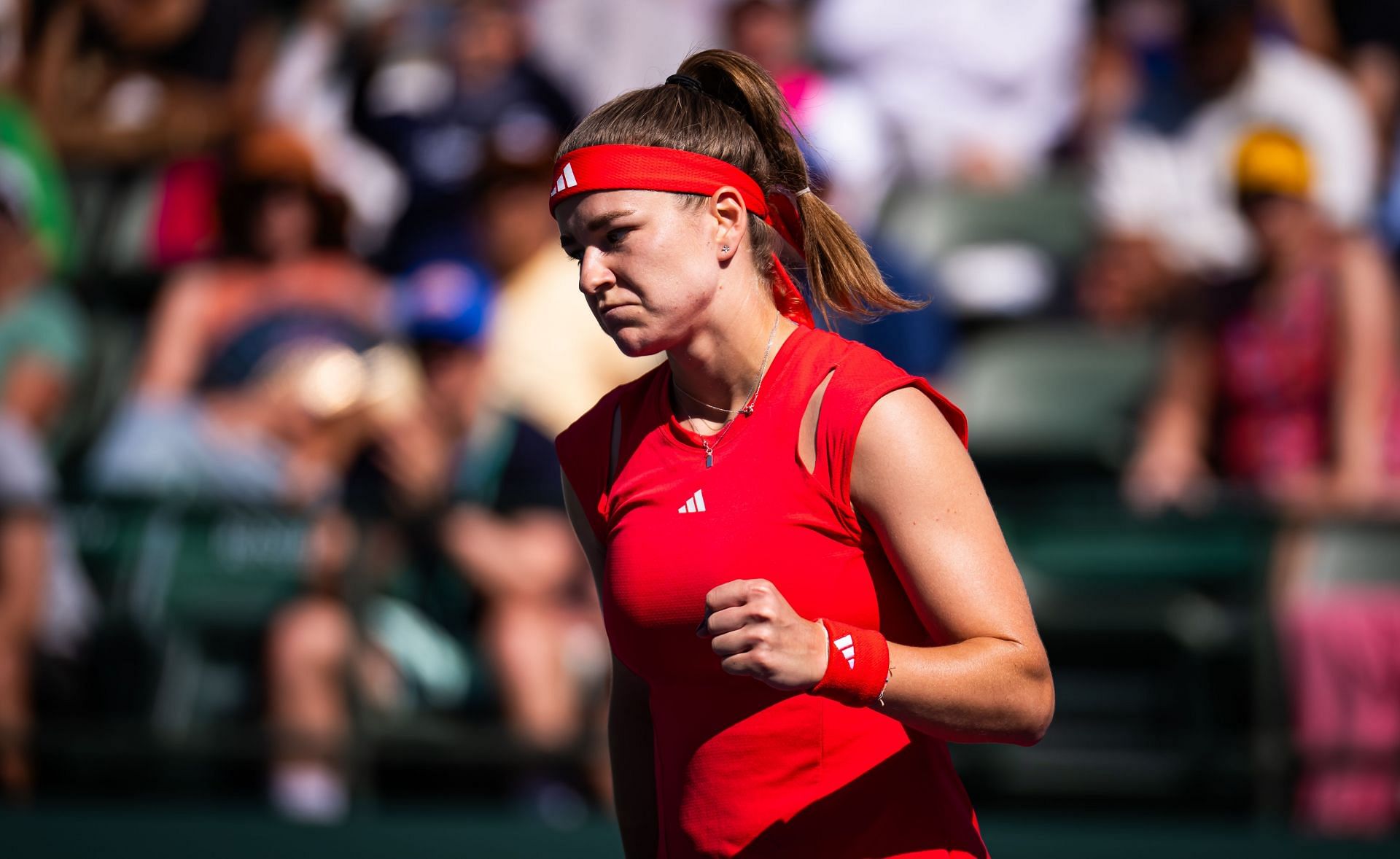 Muchova celebrates a point in the BNP Paribas Open - Source: Getty