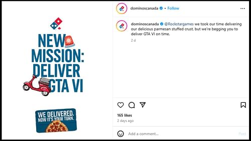 Domino's Pizza Canada's Instagram post about GTA 6 (Image via Instagram/@dominoscanada)