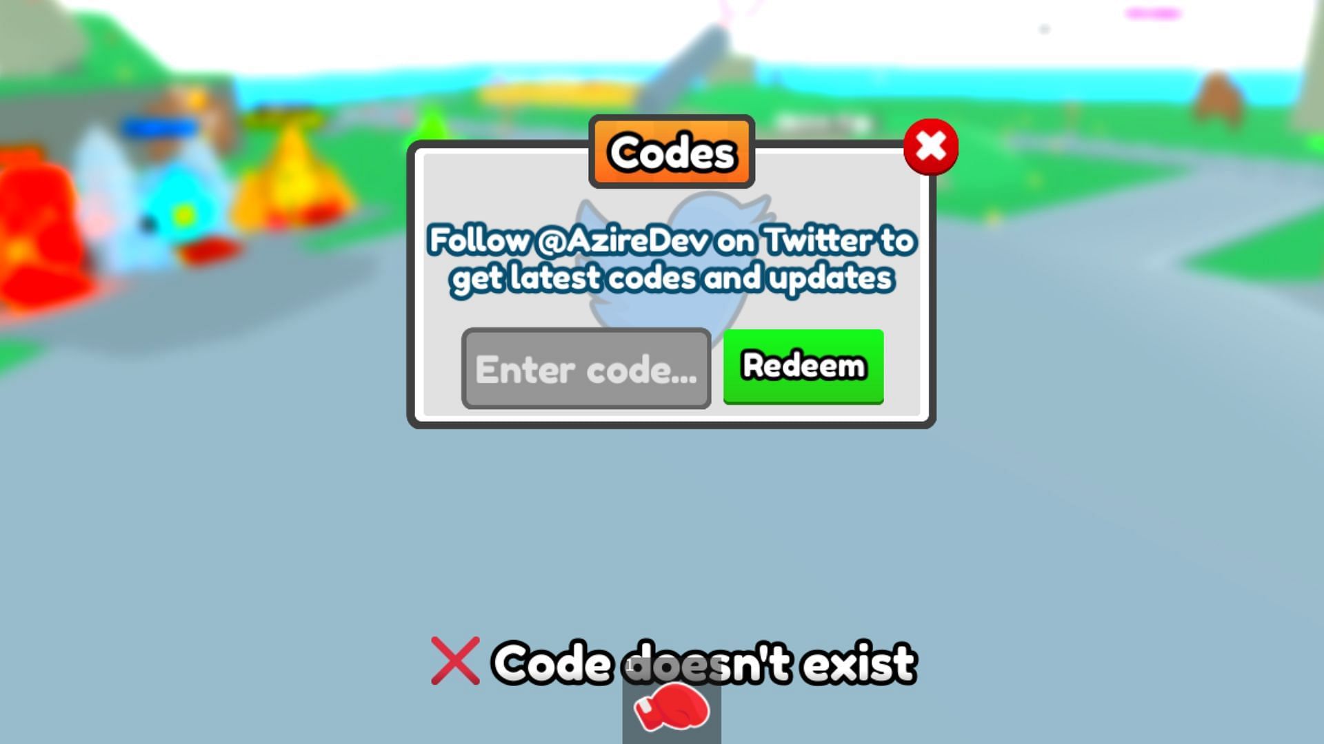 &quot;Code doesn&#039;t exist&quot; error in Champion Simulator (Image via Roblox)