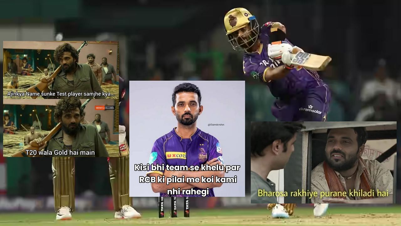 रहाणे ने शानदार पारी खेली (Pc: X@memes_hallabol, X@memes_hallabol, X@iiamkrshn)
