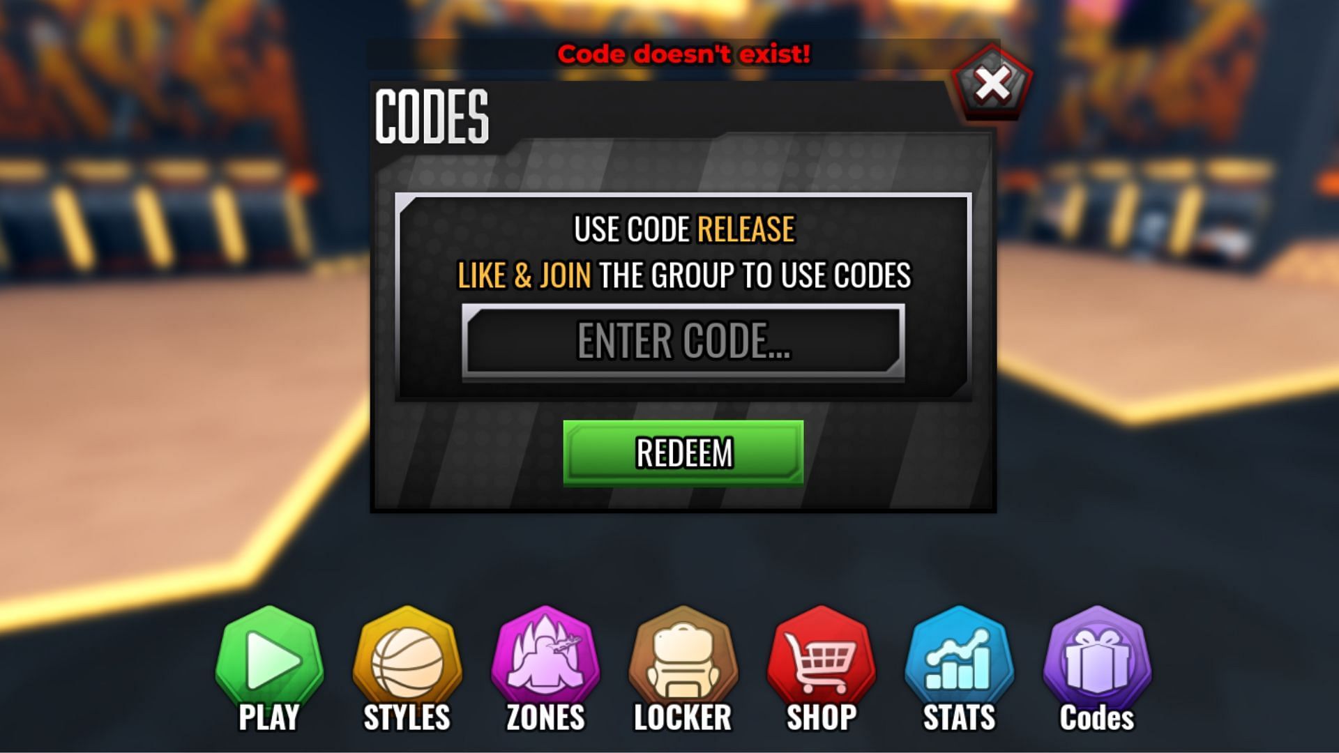 A &quot;Code doesn&#039;t exist&quot; error in the game (Image via Roblox)