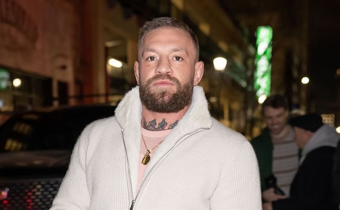 Conor McGregor reacts after fighters come to blows and brawl almost erupts at BKFC 70 faceoffs