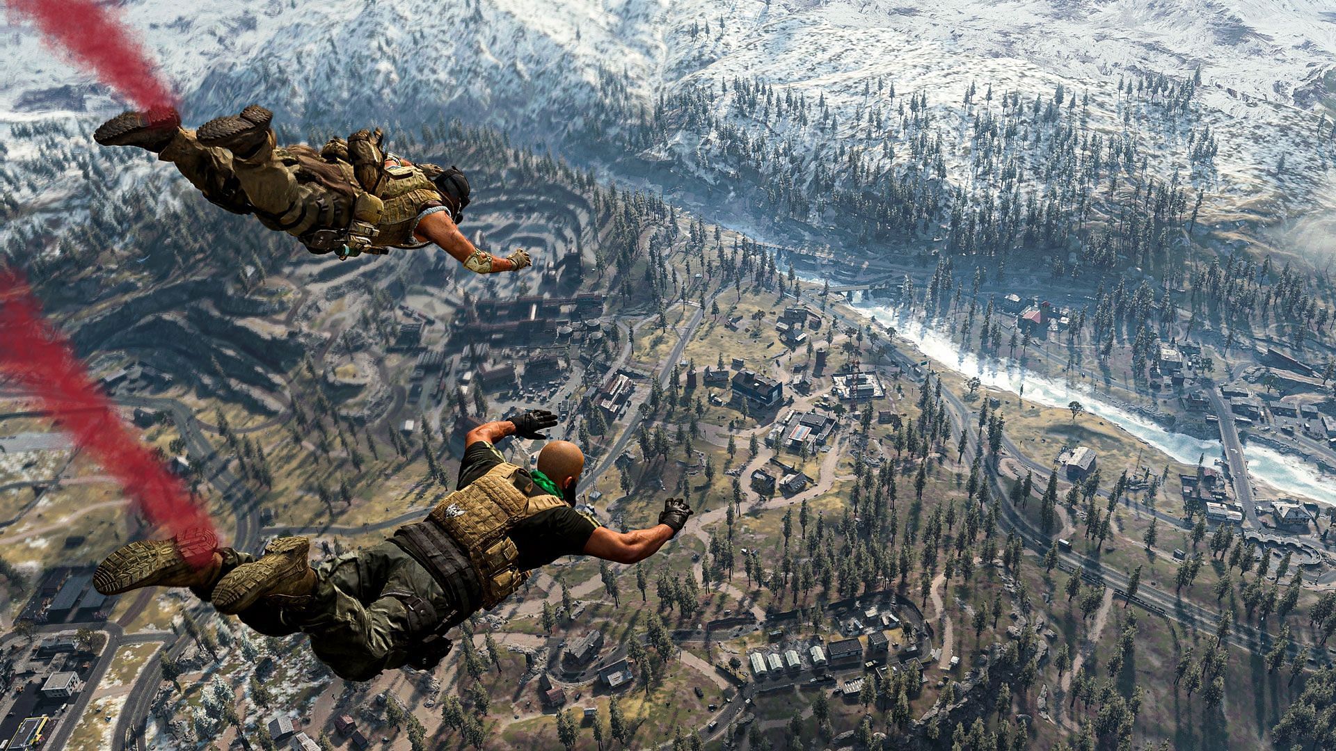 Two Operators parachuting into Verdansk in Warzone